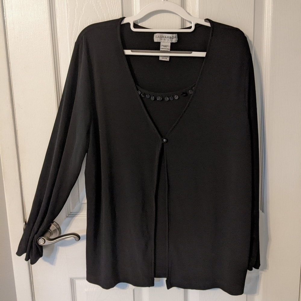 Black Sequin Single Button Long Sleeve Laganlook Top from Sag Harbor Size XL